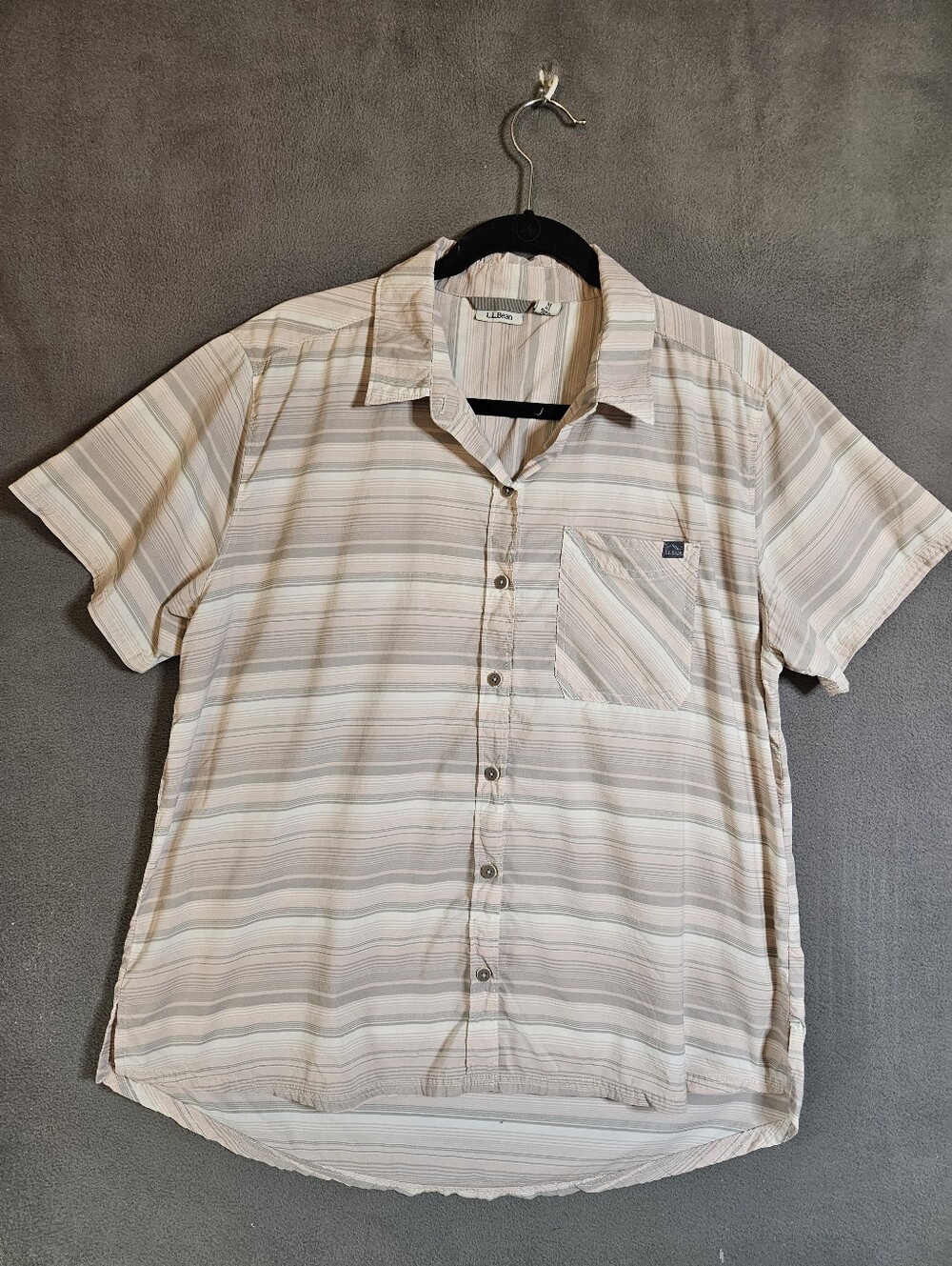LL Bean Womens Medium Buttons Shirt Pink Gray Striped Short Sleeve Outdoors